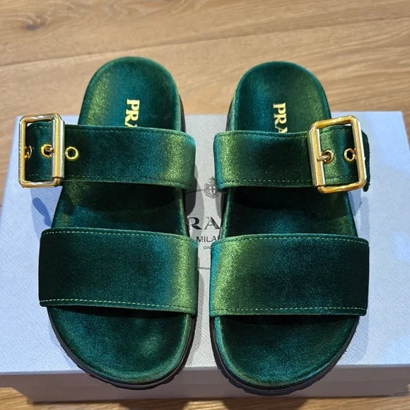 Prada | Shoes | Prada Green Velvet Slide Sandals | Poshmark